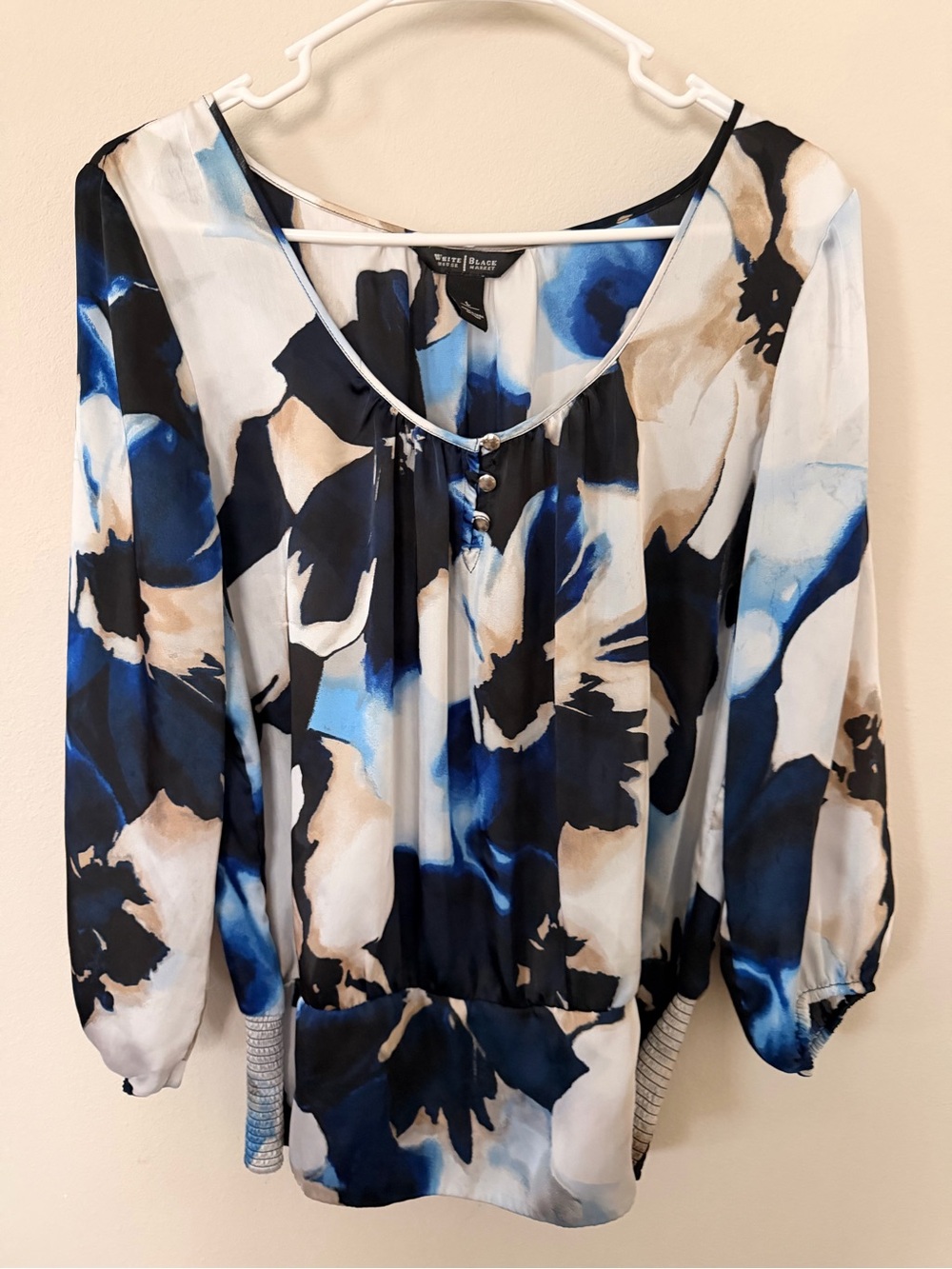 White House Black Market Blue Black and Cream Floral Peasant Blouse